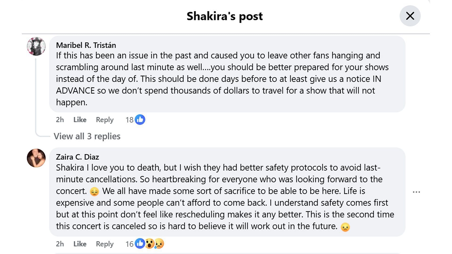 Comments under the singer's post (Image via Facebook/ @Shakira)
